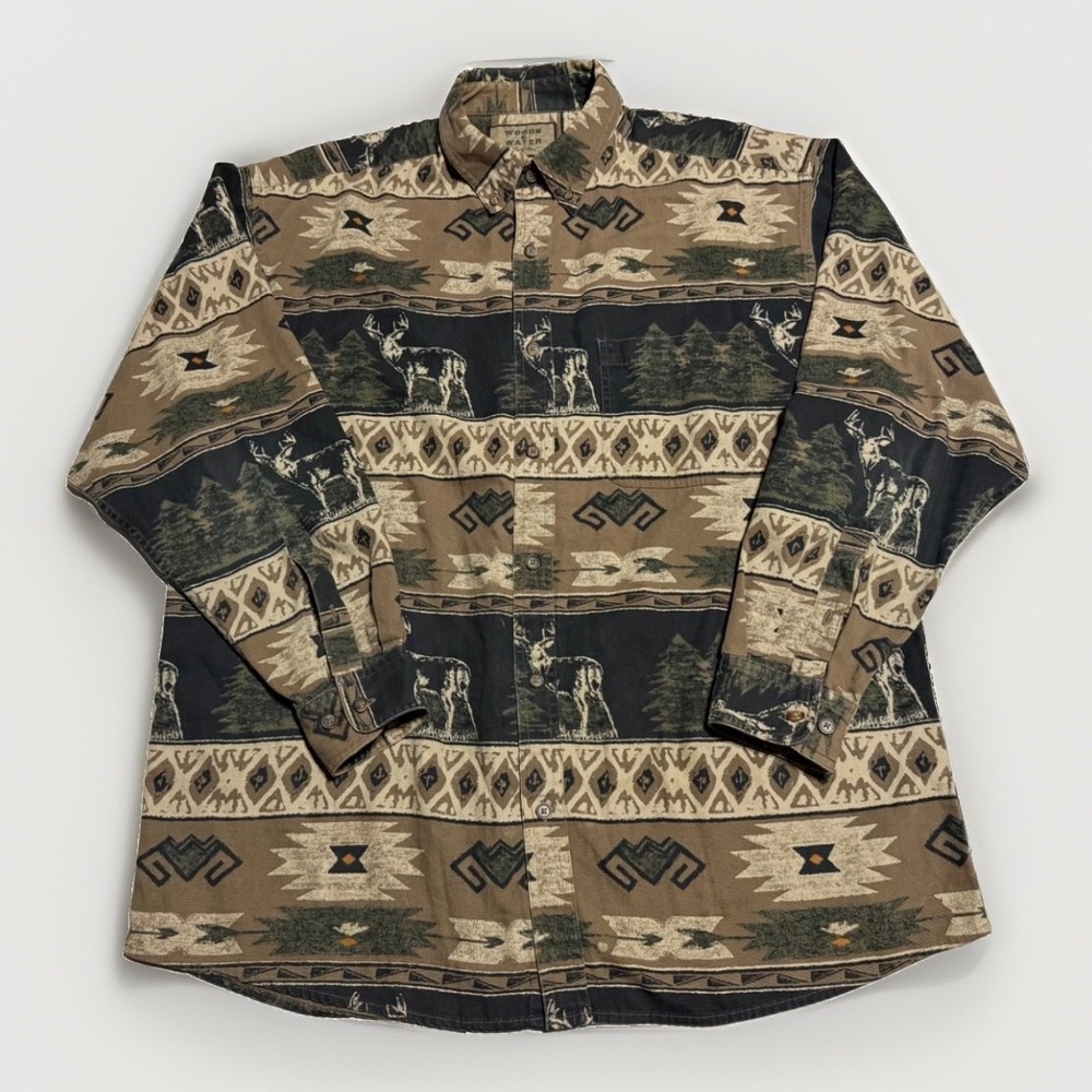 Vtg Woods Water Outfitters Aztec Deer Shirt XL‎ 90s Cabincore Southwestern